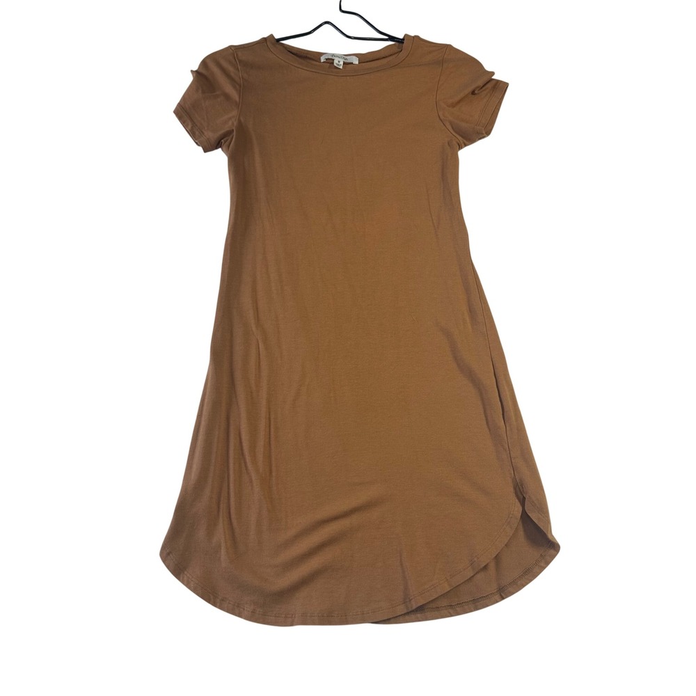 Active USA Women Brown Short Sleeve T-Shirt Dress Curved Hem D2311 Size M